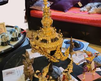 Thai Ceremonial Headdress and Three Thai Dancing Dolls