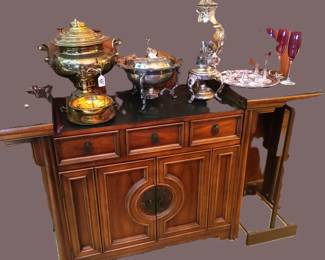 GUERIDON SERVING SIDEBOARD ON WHEELS RAYMOND SABOTA CHUN HUA CHINOISERIE FOR CENTURY FURNITURE  62 IN HIGH X 38 IN WIDE 