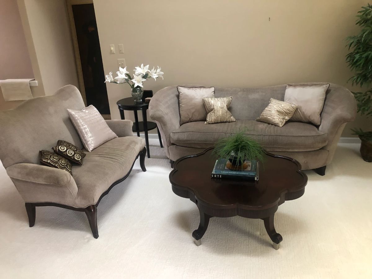 Sofa & Settee by Schnadig Upholstery Manufacturing, Clover table 45" inch diameter & Side table 22" diameter 