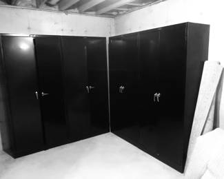 2 Metal Cabs on Left have Clothing Rods & 2 on Right have Shelves- both are 36" wide X 78.5" high X 18" deep in great condition with original keys.  Tennsco Manufacturer  Dickson, Tennessee 