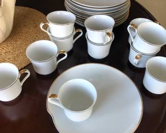 Set of 10 Cups on Snack Plates - One Plate has a chip - White Porcelain with Gold Detail 
