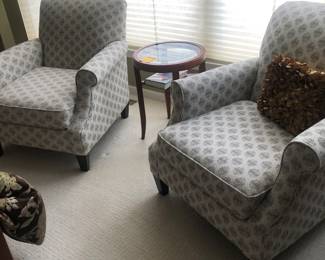 Pair of Upholstered Arm Chairs by: Max Home Inc for Gardner White & Small Round Side Table 