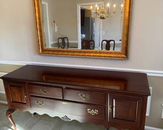 Ethan Allen 2 Door / 3 Drawer Sideboard (66"L x 20"W x 33"H) with Gold Gilted Mirror