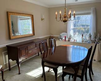 Ethan Allen Dining Table (66"L x 44"W x 28-1/2"H with 2 Leaves 18"L each), Ethan Allen Dining Chairs (4 Side Chairs, 2 Armchairs) & Ethan Allen Sideboard (66"L x 20"W x 33"H)