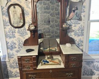 Antique Drop Center Marble Topped 6 Drawer Vanity (39-1/2"W x 19"D x 79"H)