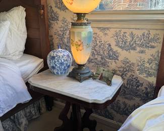 Antique Marble Topped Side Table (28"L x 20"W x 28"H) & Antique Gone With The Wind Hand Painted Lamp