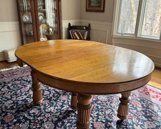 Antique 5 Legged Oak Round Table (45"W x 29"H x 44-1/2"L with 4 Leaves 12-1/2" L each)