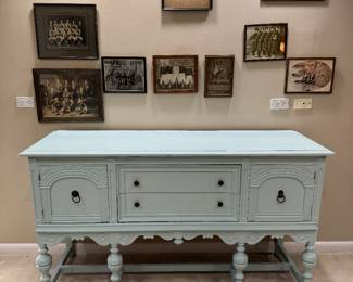 Shabby Chic Powder Blue 2 Drawer / 2 Door Buffet (62"W x 20"D x 36"H) & Antique Sports Team Framed Photos