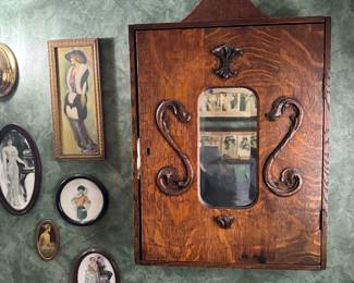 Antique Medicine Cabinet with Victorian Oval Accent Prints
