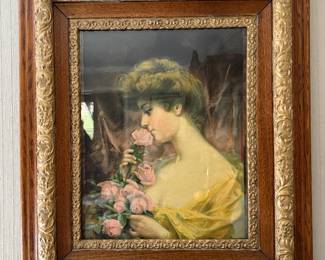 Framed Victorian Woman With Flower Lithograph