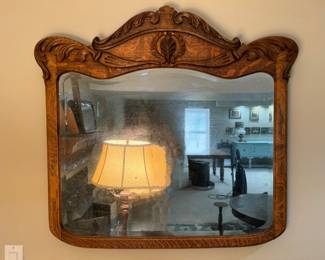 Antique Carved Oak Beveled Mirror