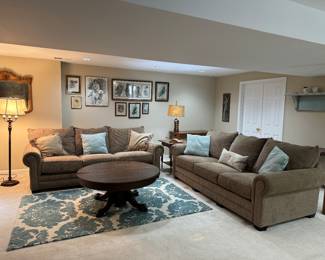 Jackson Furniture Upholstered Sofas (41"D x 97"W x 29"Back Height) & Oak Round Coffee Table with Claw Feet (44-1/2"D x 20"H)