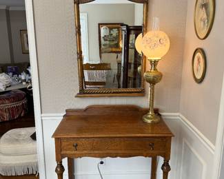Antique Oak 1 Drawer Dest with Gilt Wood Mirror & Brass Base Glass Globe Table Lamp
