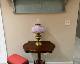 Antique Wall Shelf, Antique Victorian Side Table, Antique Bench & Brass Kerosene Lamp