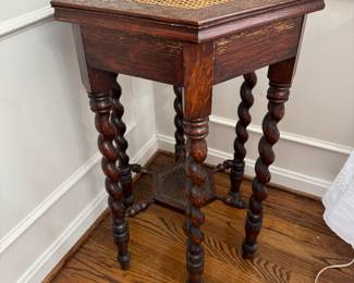 Antique Caned Barley Twist Carved Wood 6 Legged Side Table 