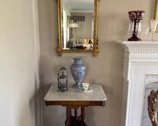 Carved Gilt Wood Mirror with Urn and Leaf Motif & Marble Topped Square Oak Side Table 