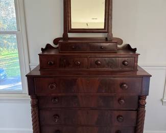 Antique Empire 6 Drawer Dresser (41"W x 18-1/2"D x 50"H) with 2 Drawer Shaving Mirror (22"W x 8"D x 32"H)