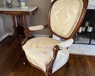 French Country Victorian Style White Carved Accent Armchair on Castors