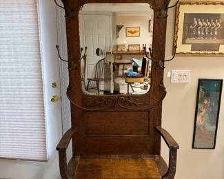 Antique Tiger Oak Hall Tree (35"W x 16-1/2"D x 85"H)