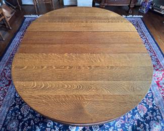 Antique 5 Legged Oak Round Table (45"W x 29"H x 44-1/2"L with 4 Leaves 12-1/2" L each)