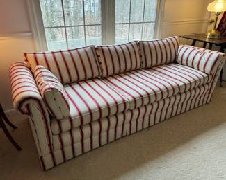 White & Pink Stripe Upholstered Sofa (35"D x 91"W x 25" Back Height)