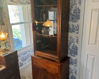 Antique 1 Drawer Oak Cabinet with Glass Door (25"W x 12"D x 54"H) & Antique Oak 1 Drawer / 2 Door Side Table (30"W x 14"D x 28"H)