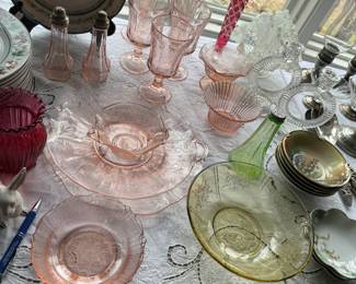 Collection of Pink Depression Glass & Vaseline Glass