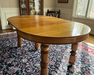 Antique 5 Legged Oak Round Table (45"W x 29"H x 44-1/2"L with 4 Leaves 12-1/2" L each)