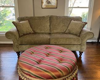 Micro-Suede Upholstered Sofa (87"W x 38"D x 31" Back Height) & Tufted Upholstered Round Ottoman (39"D x 17-1/2"H)