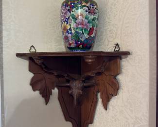 Victorian Antique Carved Deer Head Corner Wall Shelf with Cloisonne Vase
