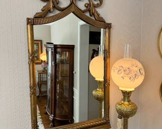 Gilt Wood Mirror & Brass Base Glass Globe Table Lamp