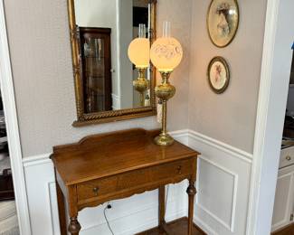 Antique Oak 1 Drawer Dest with Gilt Wood Mirror & Brass Base Glass Globe Table Lamp