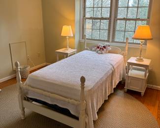 Children's 4 Poster White Twin Bed with Matching 1 Drawer End Tables