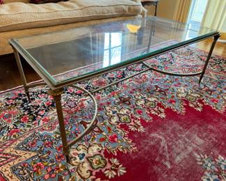 Rectangular Brass Base & Glass Top Coffee Table (24"D x 48"W x 17"H)