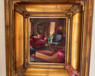Framed Original Oil on Canvas Living Room Scene