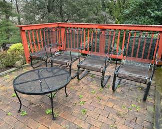Matching Outdoor Salterini Style Rocking Armchairs (4), Round Coffee Table & Nesting Tables