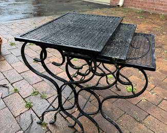 Matching Outdoor Salterini Style Rocking Armchairs (4), Round Coffee Table & Nesting Tables