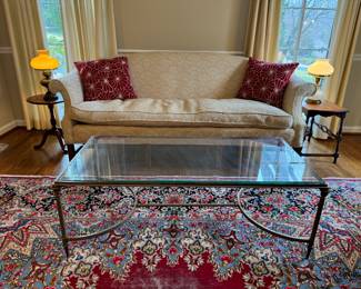 Williams Alan, Inc Queen Anne Style Upholstered Sofa (84"W x 32"D x 34" Back Height) & Rectangular Brass Base & Glass Top Coffee Table (24"D x 48"W x 17"H)