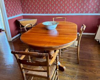 Ovular Rectangular 2 Pedestal Dining Table with Hidden Leaf Storage (44"W x 29-1/2"H x 72"L with 4 Leaves 12" each) & Vintage Hitchcock Dining Chair (3 Side Chairs & 1 Armchair)