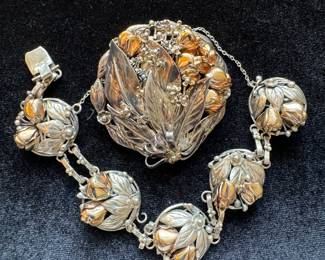 Vintage Hobe Sterling Silver & 1/20 14K Gold Clasp Bracelet & Brooch