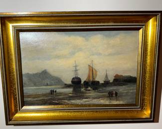Framed Original Oil on Canvas Harbor Scene 