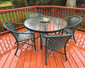 Outdoor Brown Jordan Style Armchairs (4pc) & Round Glass Top Table