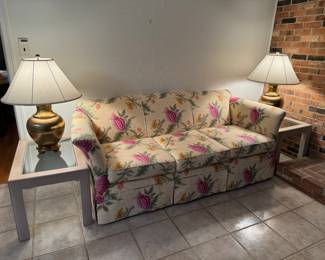 Custom Upholstered Floral Sofa (34"D x 83"W x 32" Back Height) & Ottoman (not pictured) with Matching End Tables & Brass Lamps