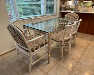 Chrome Base with Glass Top Rectangular Dining Table (31-1/2"W x 60"L x 28-1/2"H) & White Wicker Upholstered Cushioned Chairs (2 Armchairs, 4 Side Chairs)