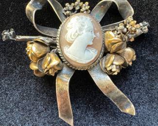 Vintage Hobe Sterling Silver & 1/20 14K Gold Cameo Brooch 