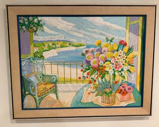 Framed Original Oil on Canvas Balcony Still Life Signed Van-Jefferson