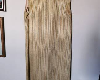 Barbara Field sleeveless gold lame a-line dress with french dart fitting details, zip back closure