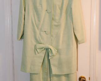 Vintage lime green Lillie Diamond of California dress with matching coat featuring three fabric buttons and a bow
