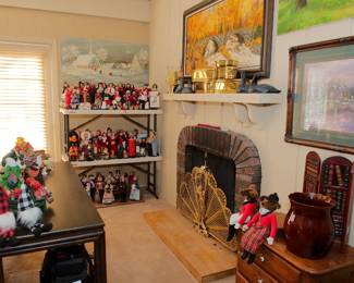 Gorgeous brass fan style fireplace screen, original oil paintings on canvas dating to c. 1970's, Byers Choice carolers, faux bamboo console or sofa table