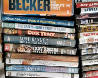 Thousands of DVD's including: The Reduced Shakespeare Company, My Man Godfrey/His Girl Friday, Barbary Coast, Alexander's Ragtime Band, Moment to Remember Live, Roy Rogers Collection, Lone Ranger, Dick Tracy, Rick Stevens, Becker, Inspector Morse
